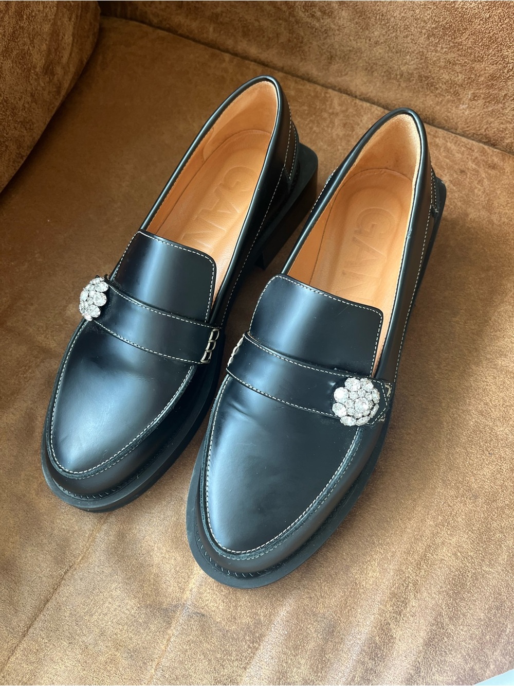 Ganni Black Leather Loafers with Crystal Brooch